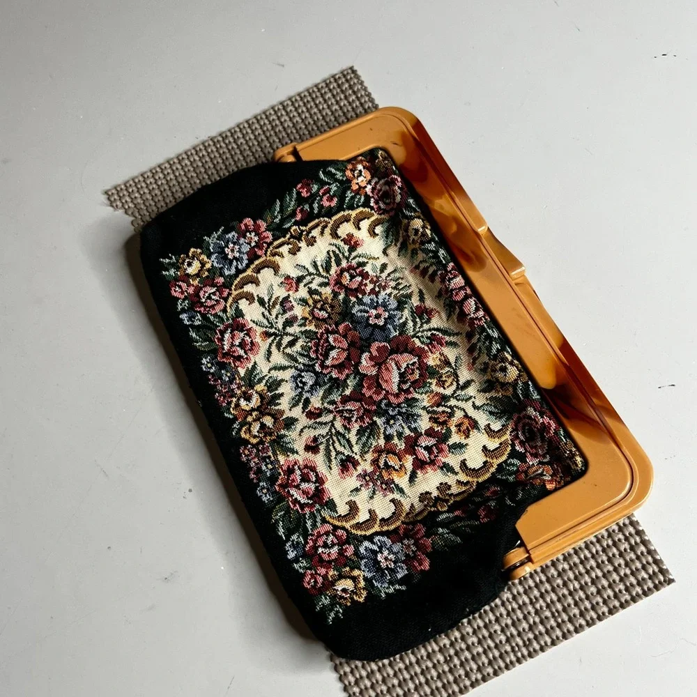 Vintage Floral Tapestry Clutch Bag Faux Tortoiseshell Lucite Frame Hong Kong